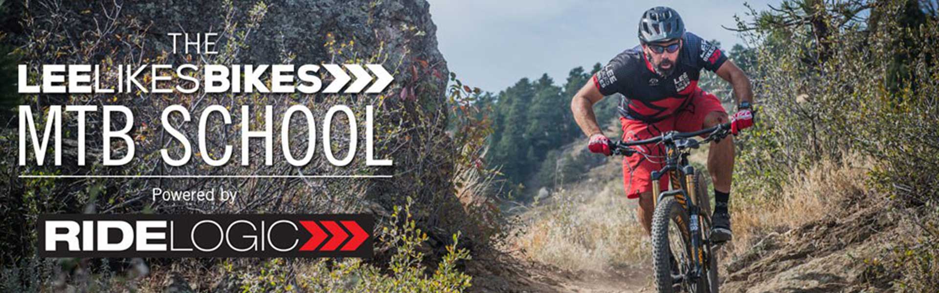 The Lee Likes Bikes MTB School, powered by RideLogic — a rider carving down a dry singletrack trail